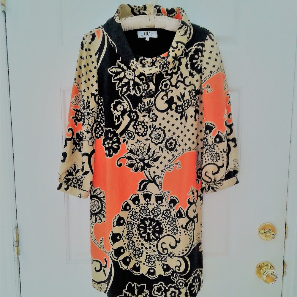 Tibi Orange and Black Retro Cowl Neck Dress